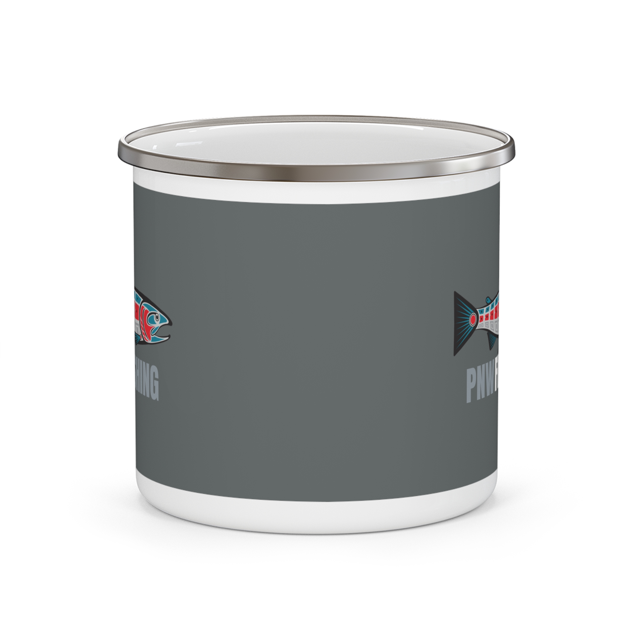 PNW Fly Fishing Enamel Camping Mug – Logo Graphic Outdoor Coffee Cup - Image 2