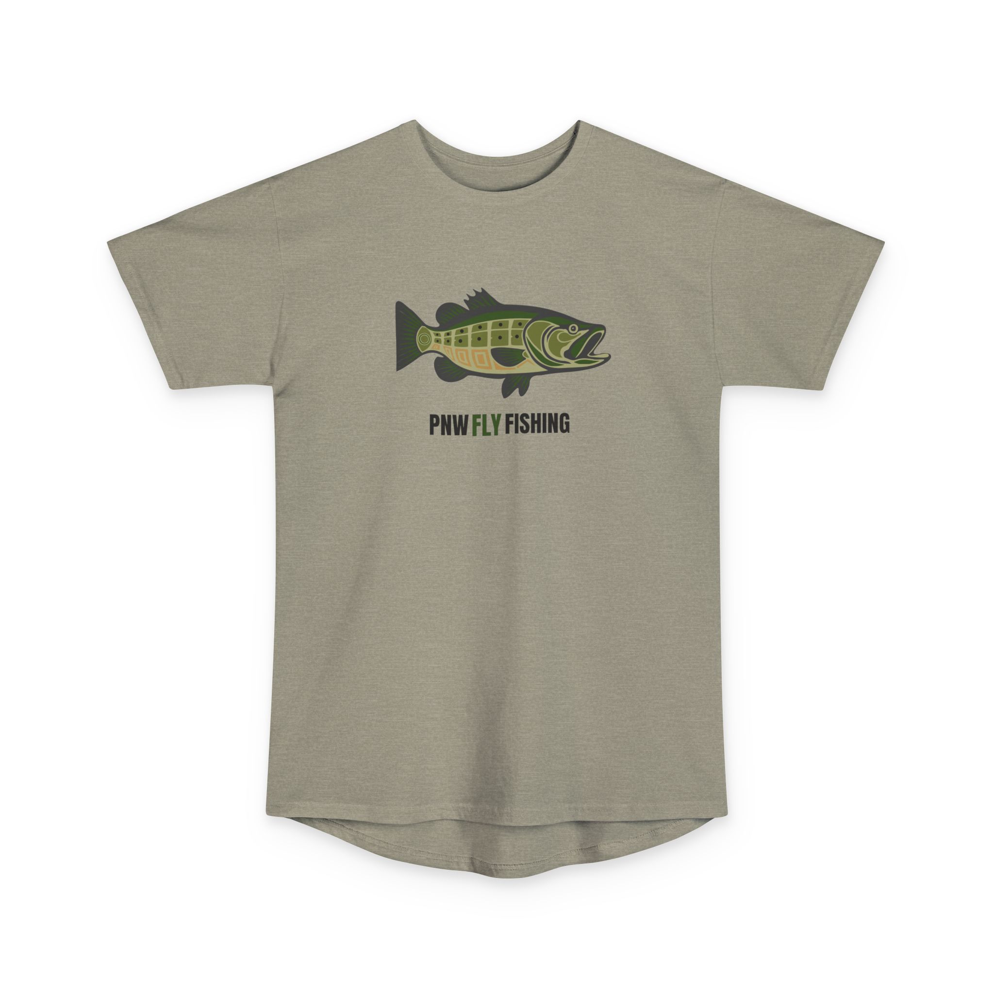 PNW Fly Fishing Tee — (Front Print) Long Body Green Bass Logo Shirt