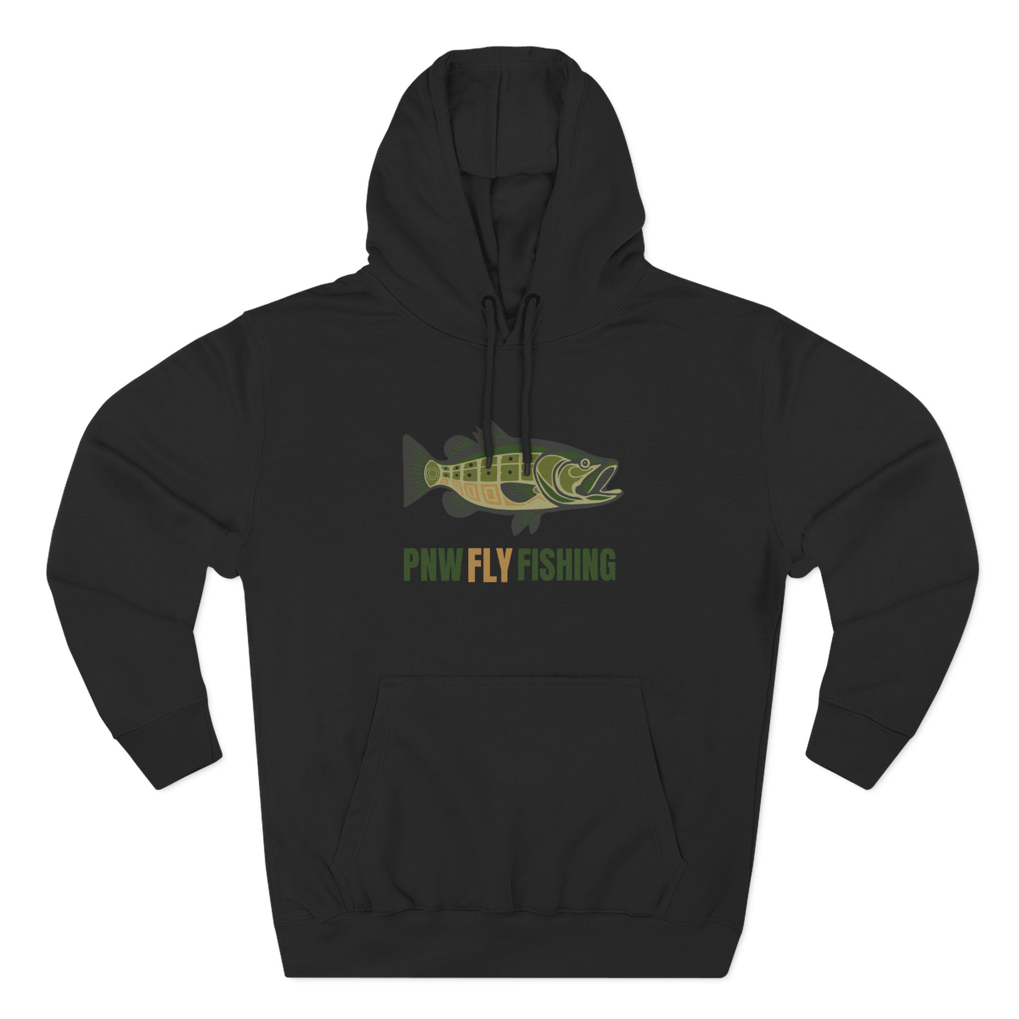 PNW Fly Fishing Hoodie – TALL CUT Green Bass Logo Silhouette Fleece Pullover - Image 7