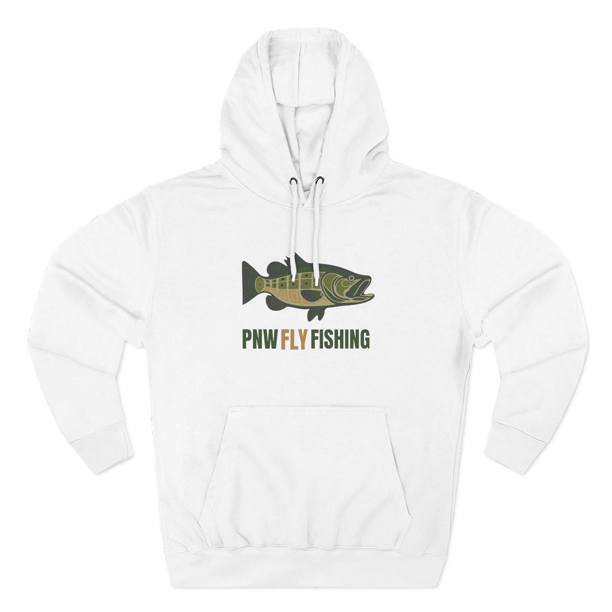 PNW Fly Fishing Hoodie – TALL CUT Green Bass Logo Silhouette Fleece Pullover - Image 3