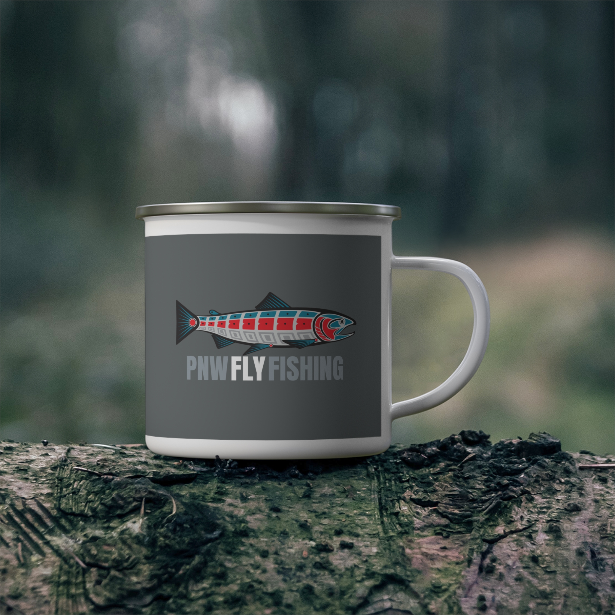 PNW Fly Fishing Enamel Camping Mug – Logo Graphic Outdoor Coffee Cup - Image 4