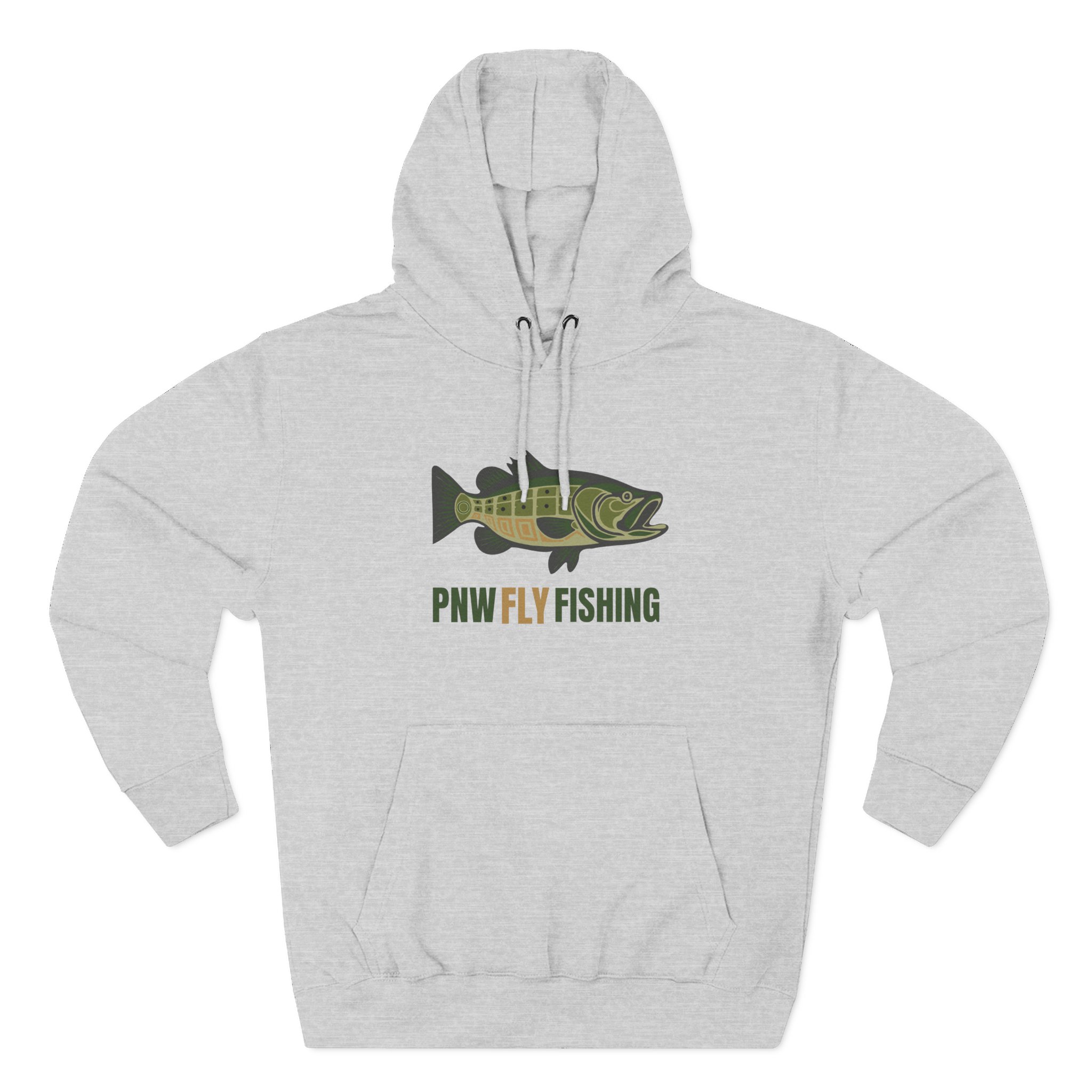 PNW Fly Fishing Hoodie – TALL CUT Green Bass Logo Silhouette Fleece Pullover - Image 5