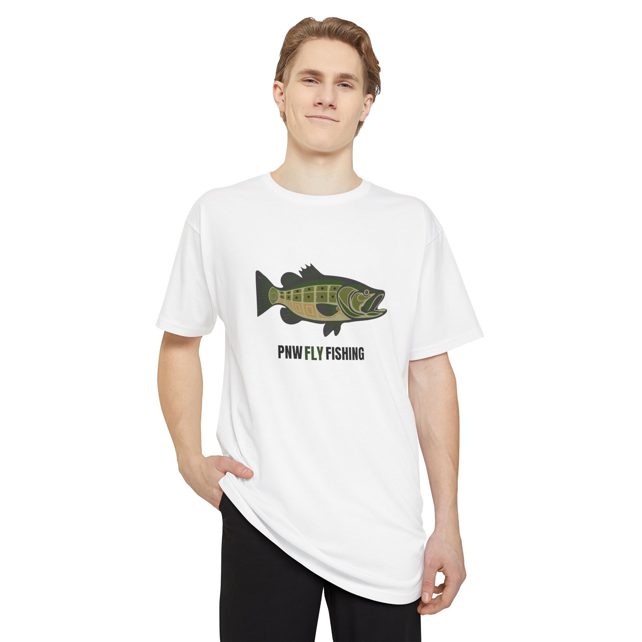 PNW Fly Fishing Tee — (Front Print) Long Body Green Bass Logo Shirt - Image 7