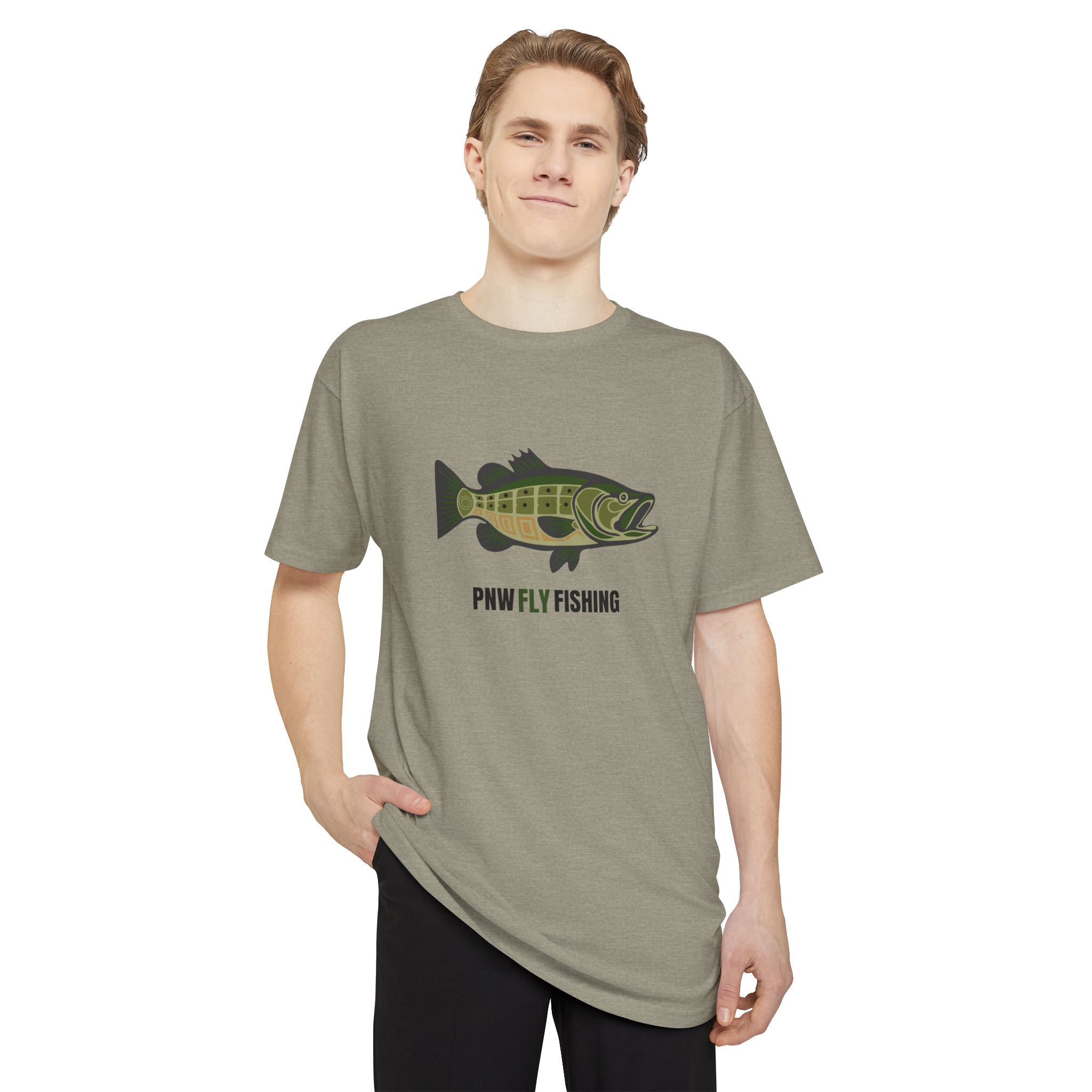 PNW Fly Fishing Tee — (Front Print) Long Body Green Bass Logo Shirt - Image 3