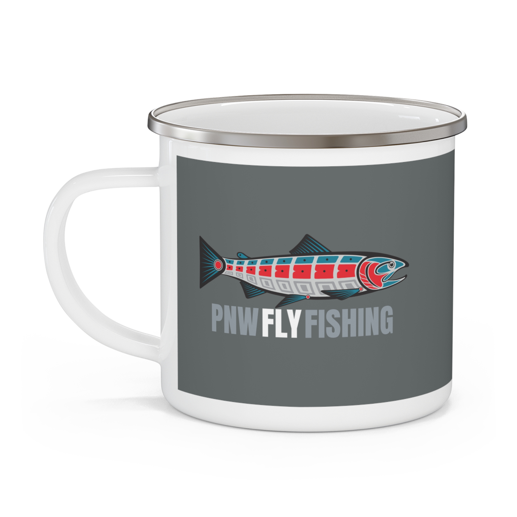 PNW Fly Fishing Enamel Camping Mug – Logo Graphic Outdoor Coffee Cup - Image 3