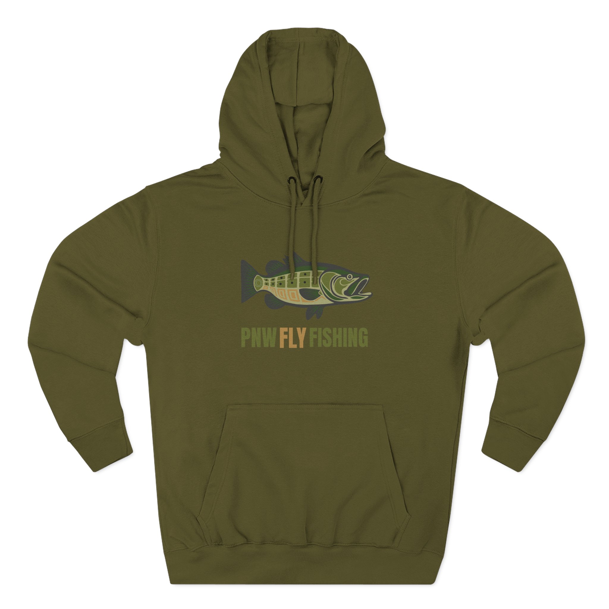 PNW Fly Fishing Hoodie – TALL CUT Green Bass Logo Silhouette Fleece Pullover - Image 11