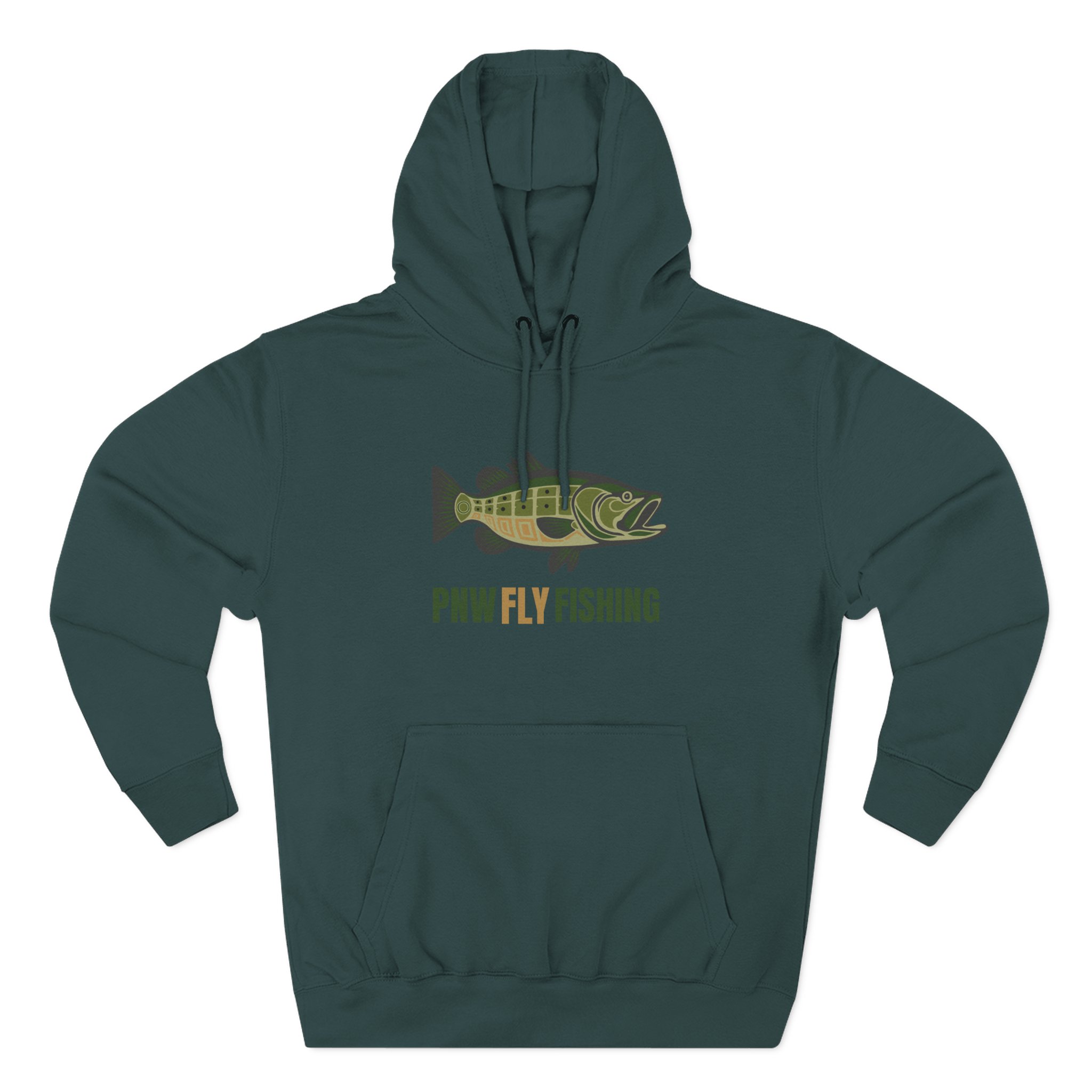 PNW Fly Fishing Hoodie – TALL CUT Green Bass Logo Silhouette Fleece Pullover - Image 13