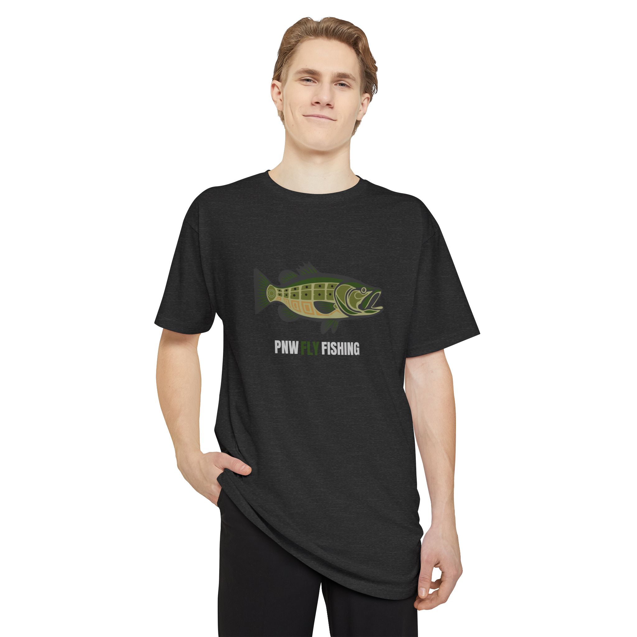 PNW Fly Fishing Tee — (Front Print) Long Body Green Bass Logo Shirt - Image 15