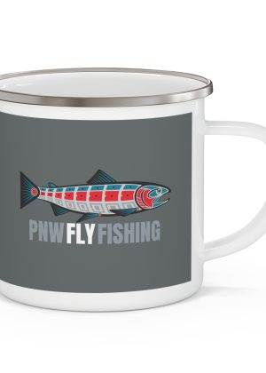 PNW Fly Fishing Enamel Camping Mug – Logo Graphic Outdoor Coffee Cup