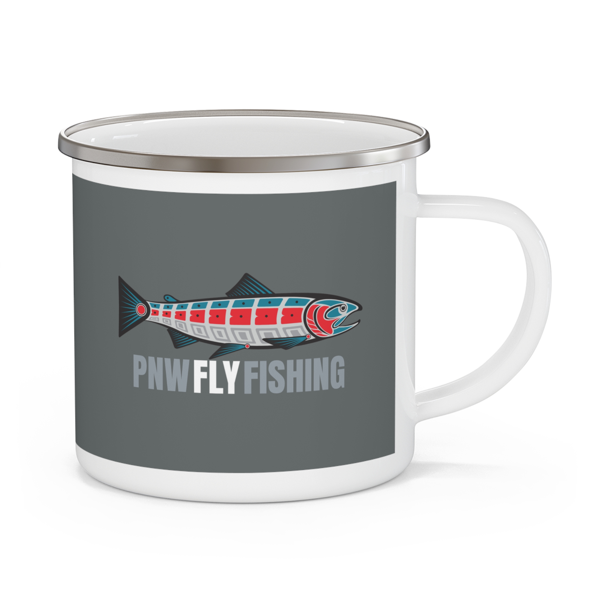 PNW Fly Fishing Enamel Camping Mug – Logo Graphic Outdoor Coffee Cup